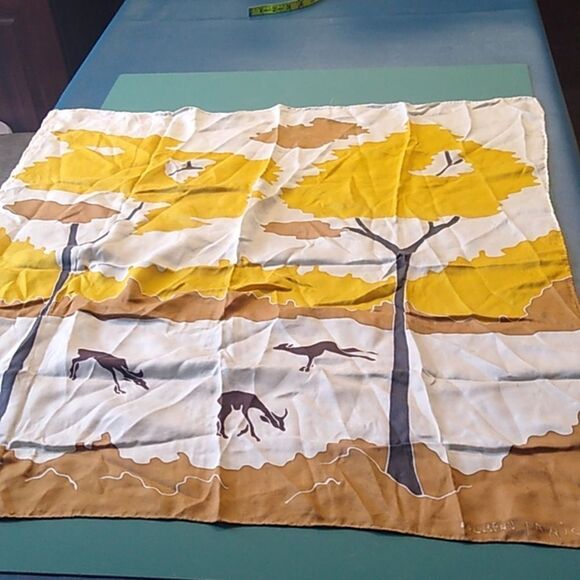 Vintage Dolbeau Paris Women's Silk? Scarf Trees Deer Scene Cottagecore Outside - Picture 1 of 11